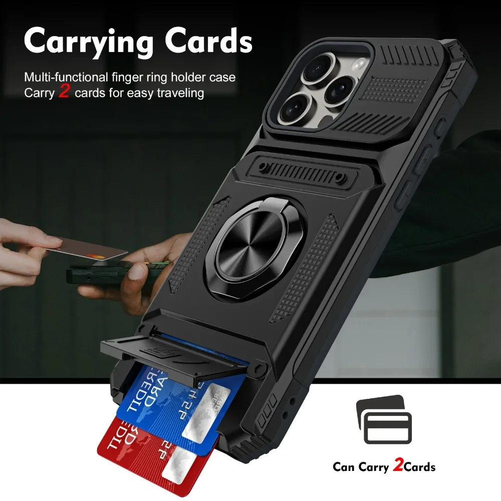 iPhone 15 Series Shockproof Heavy Duty Magnetic Case with Ring & Card Slot