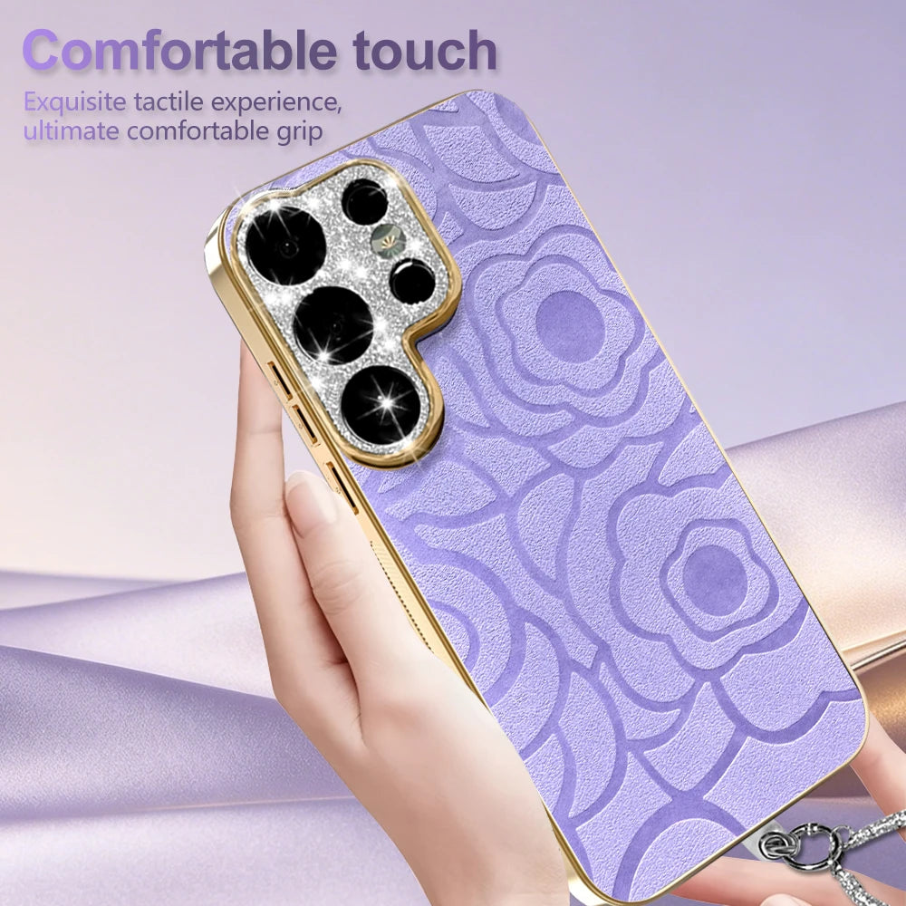 Diamond Large Window Camellia Flower Texture Phone Case For Samsung Galaxy S26 Series Shockproof Matte Cover