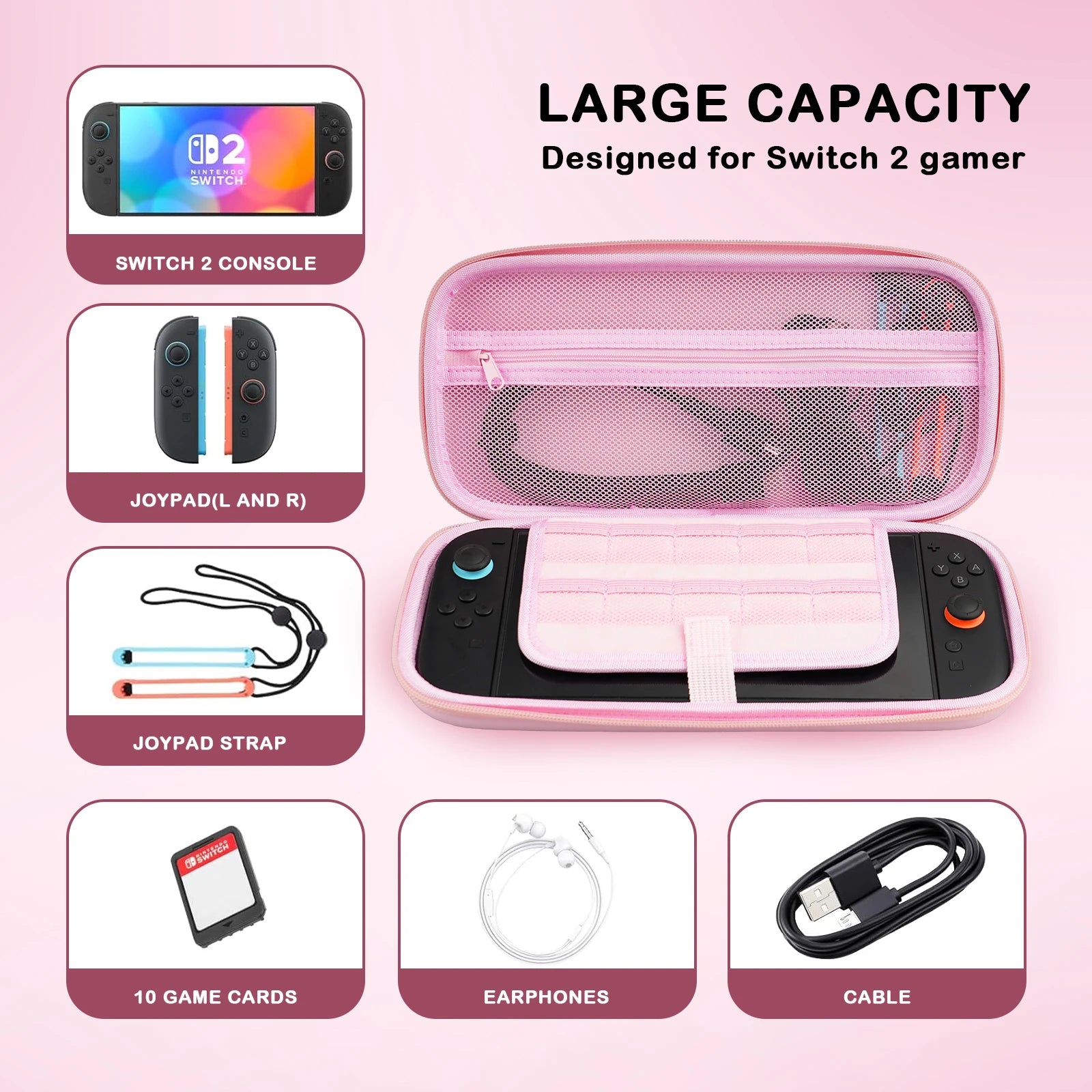 Nintendo Switch 2 Pink Travel Case with Screen Protector Kit