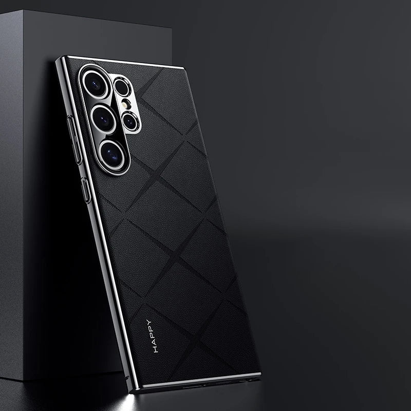 Plaid Grid Leather PU Case with Plating Lens for Samsung Galaxy S24 Series