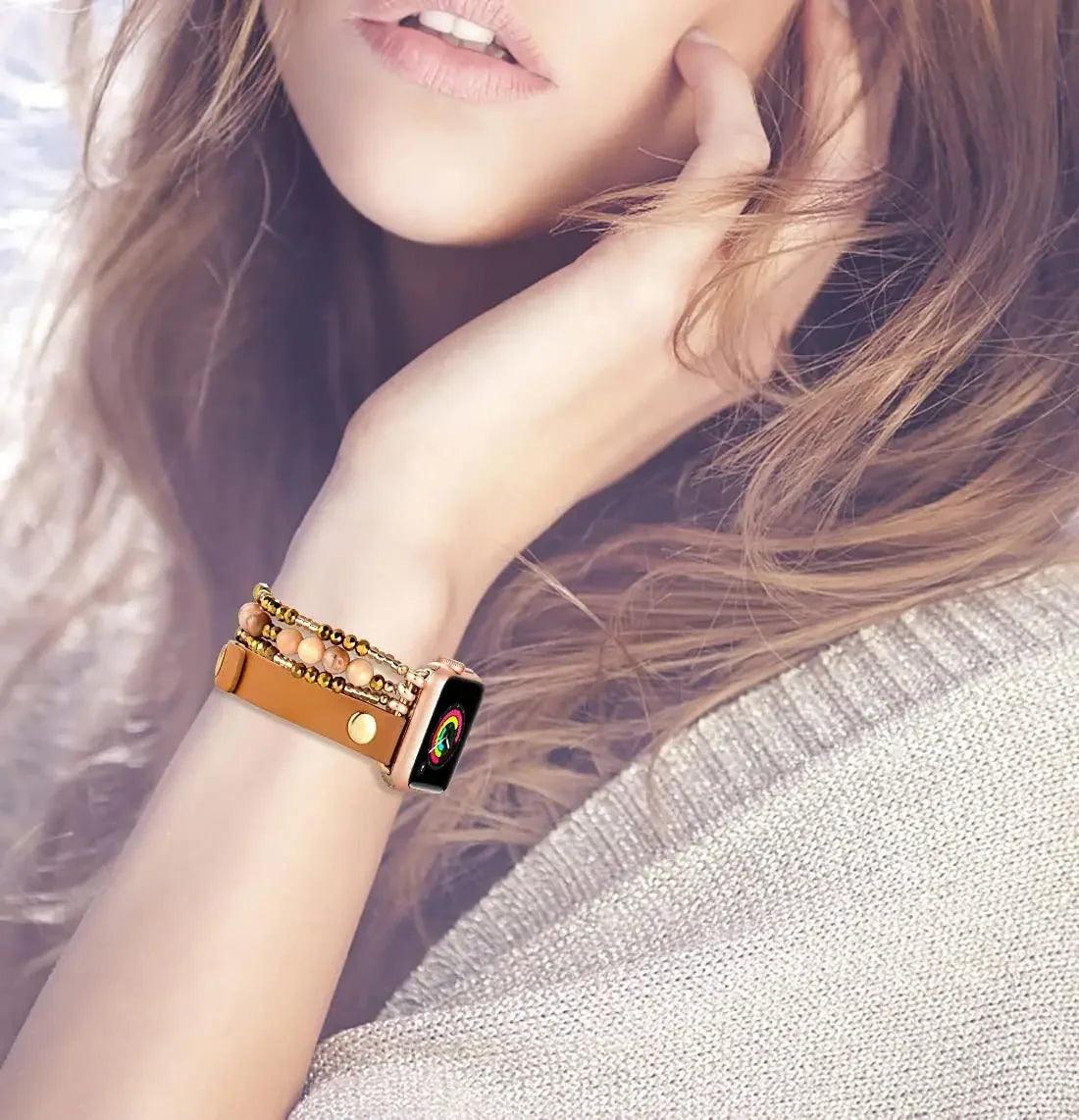 Elastic Leather Beaded Bracelet Strap for Women's Apple Watch