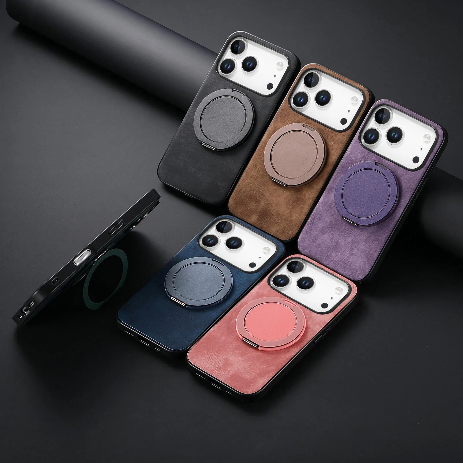 Skin-Feel Leather Case with 360° Rotating Ring for iPhone 17 Series