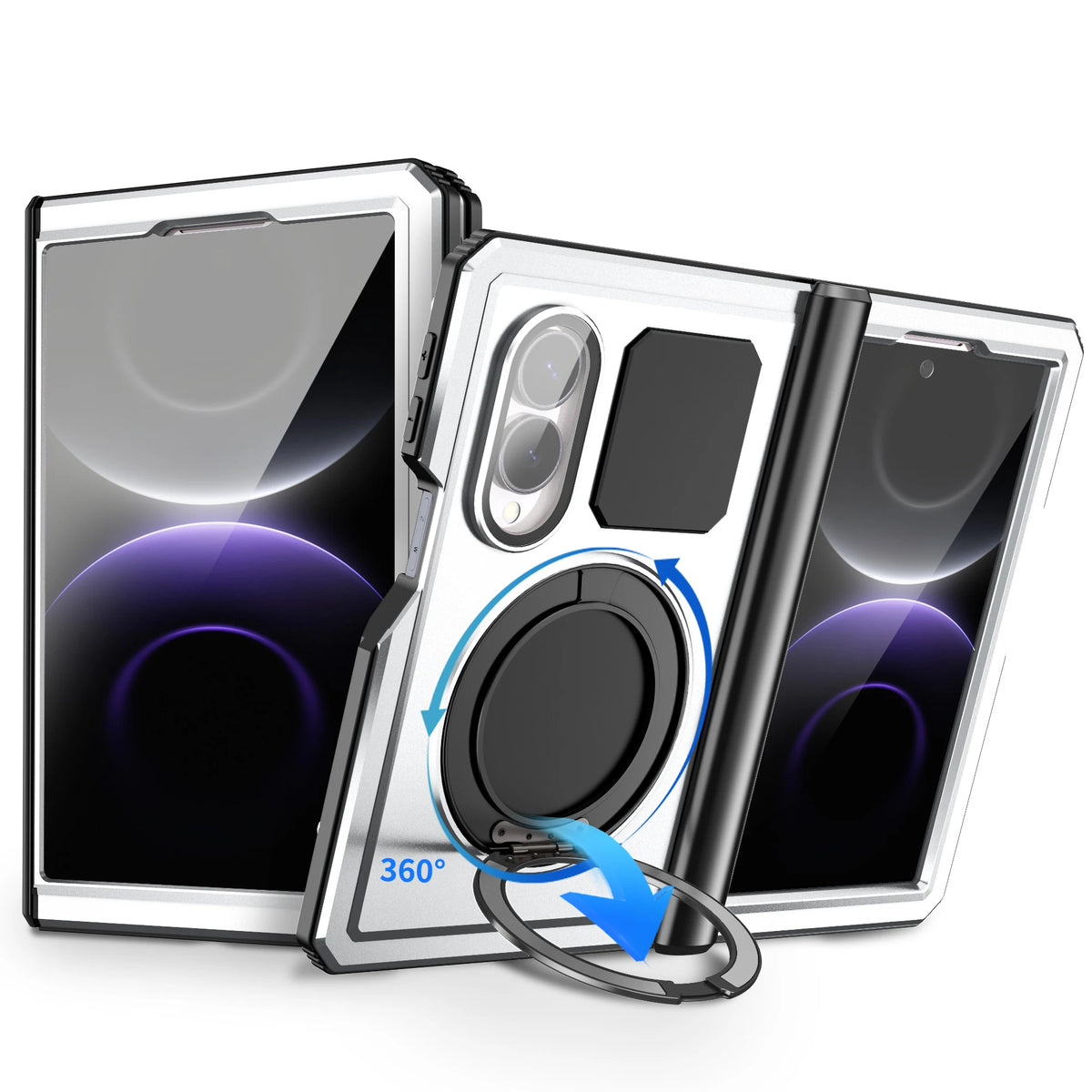 Shockproof Aluminum Bumper Case with 360° Rotating Ring Kickstand for Samsung Galaxy Z Fold 8