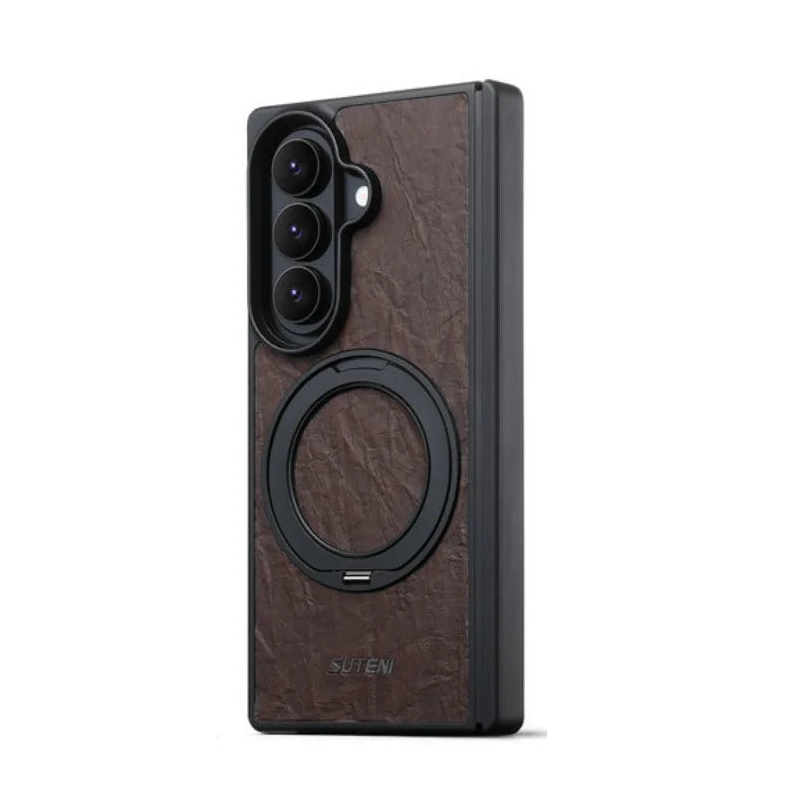 Textured Leather Magnetic Case with 360° Rotating Ring Stand for Samsung Galaxy Z Fold 7