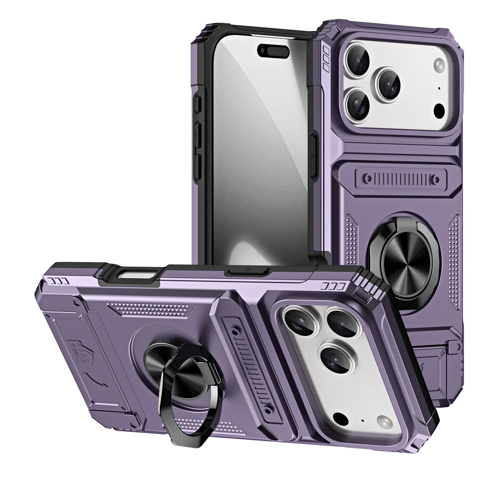 iPhone 17 Series Armor Protective Magnetic Case with Metal Ring Stand & Card Holder Back