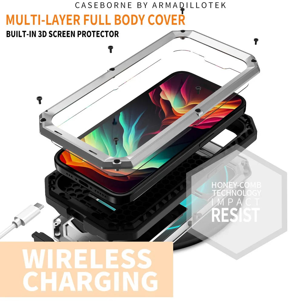 Heavy Duty Doom Cover Tempered Glass Armor Metal Case for iPhone 15 Series with Camera Lens Protection Cover