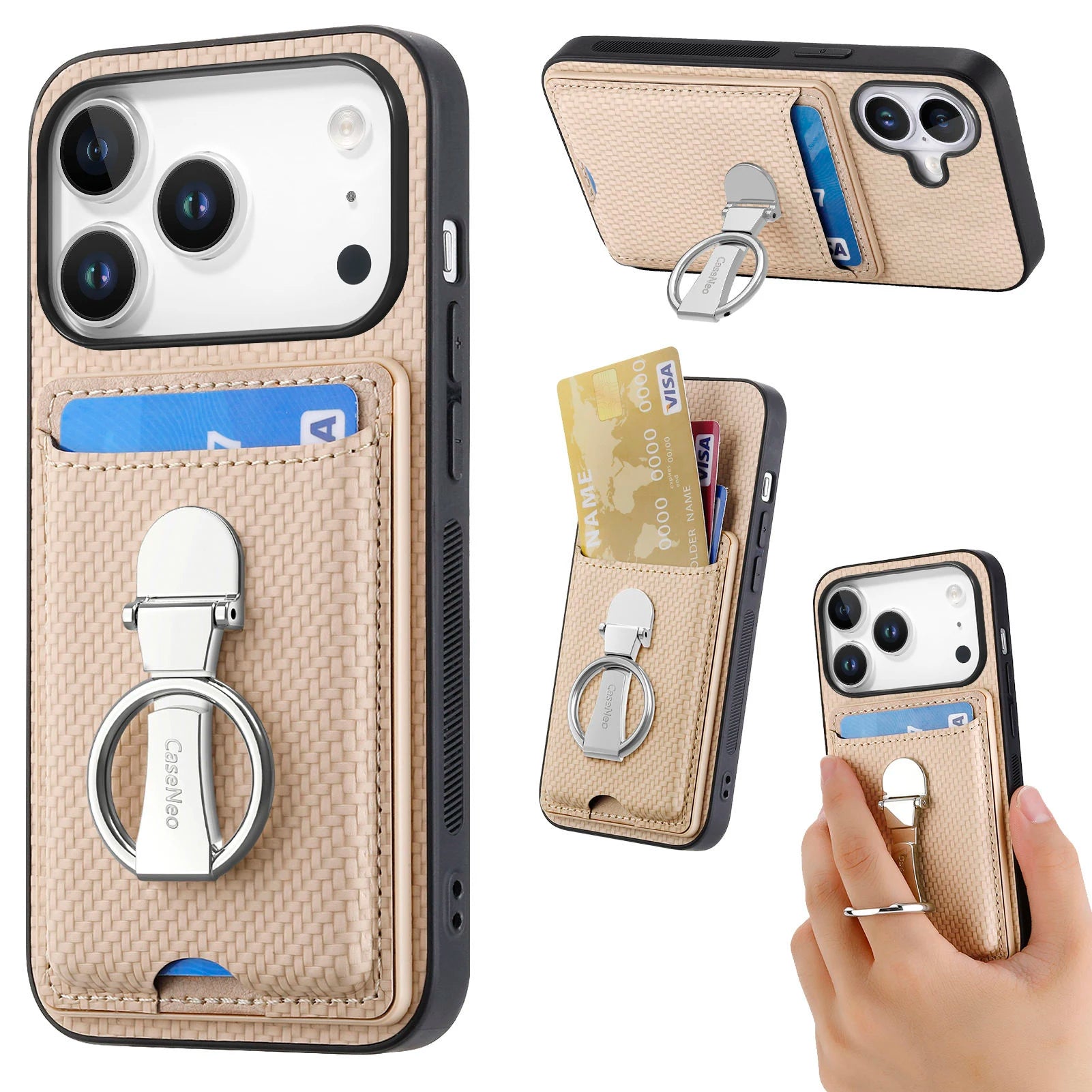Multi-Functional Leather Wallet Case with Foldable Ring Holder & Vertical Card Slot for iPhone 17 Series