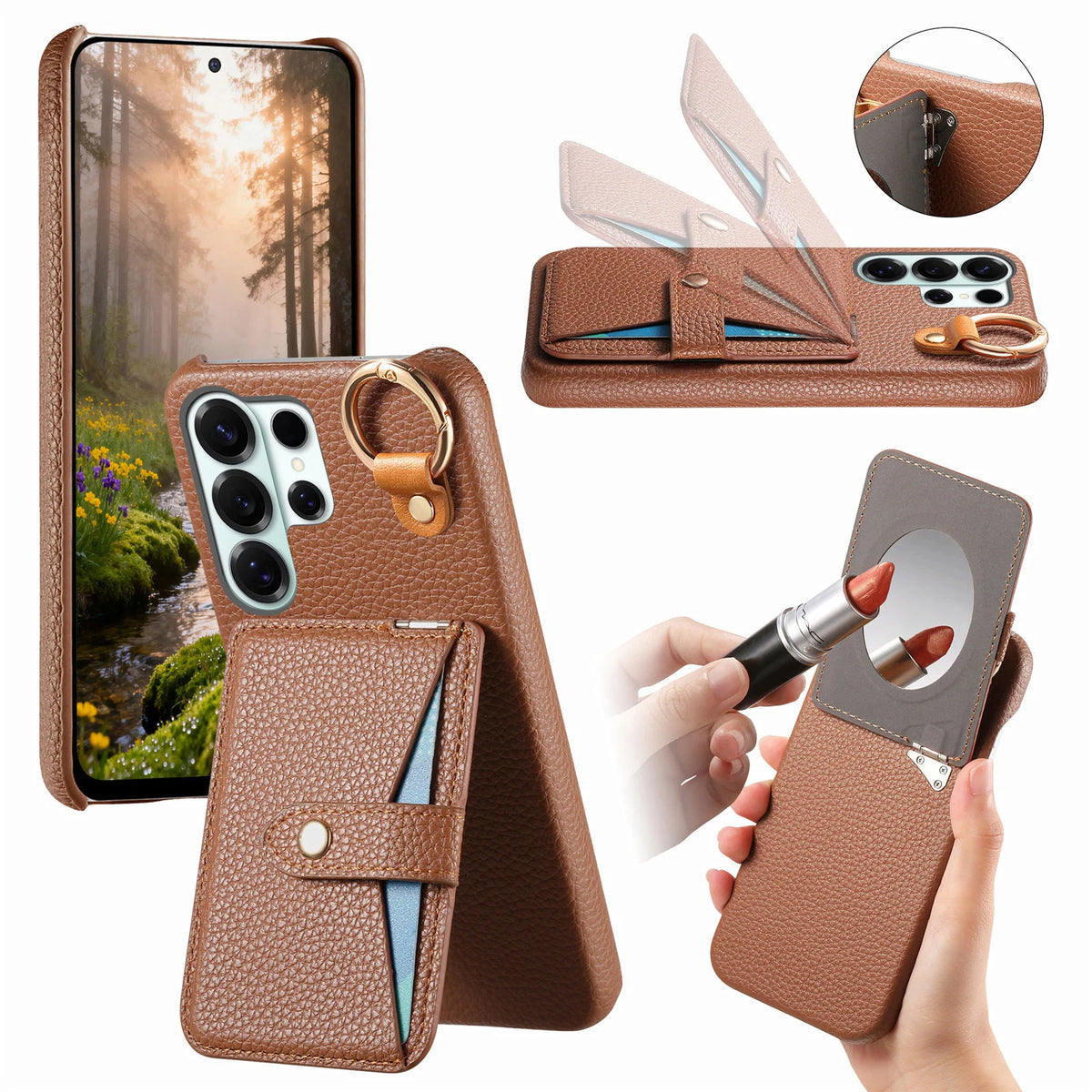 Pebbled Leather Ring Holder Case with  Makeup Mirror for Samsung Galaxy S22 Series