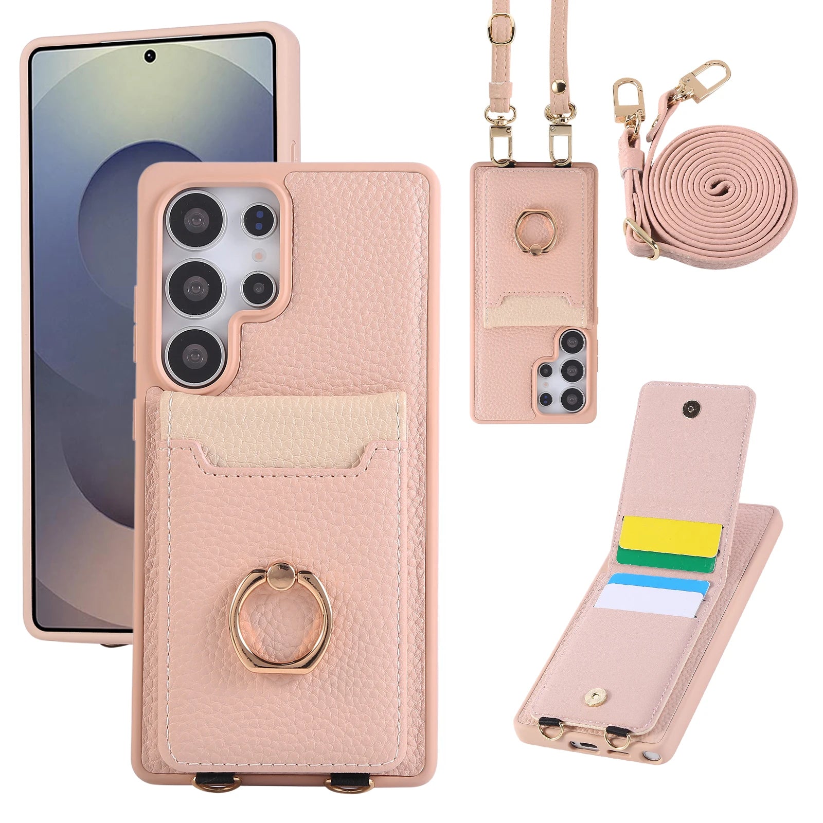 Lychee Grain Leather Crossbody Case with Adjustable D-Ring Strap and Card Wallet for Samsung Galaxy S23 Series