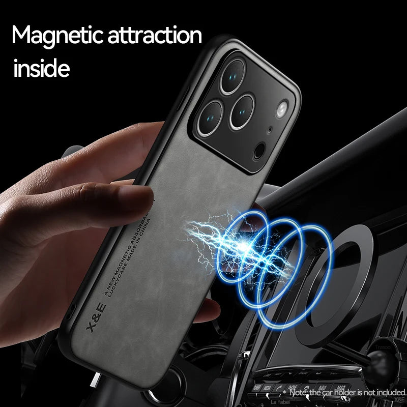 iPhone 17 Series PU Leather Magnetic Case with Built-In Metal Plate