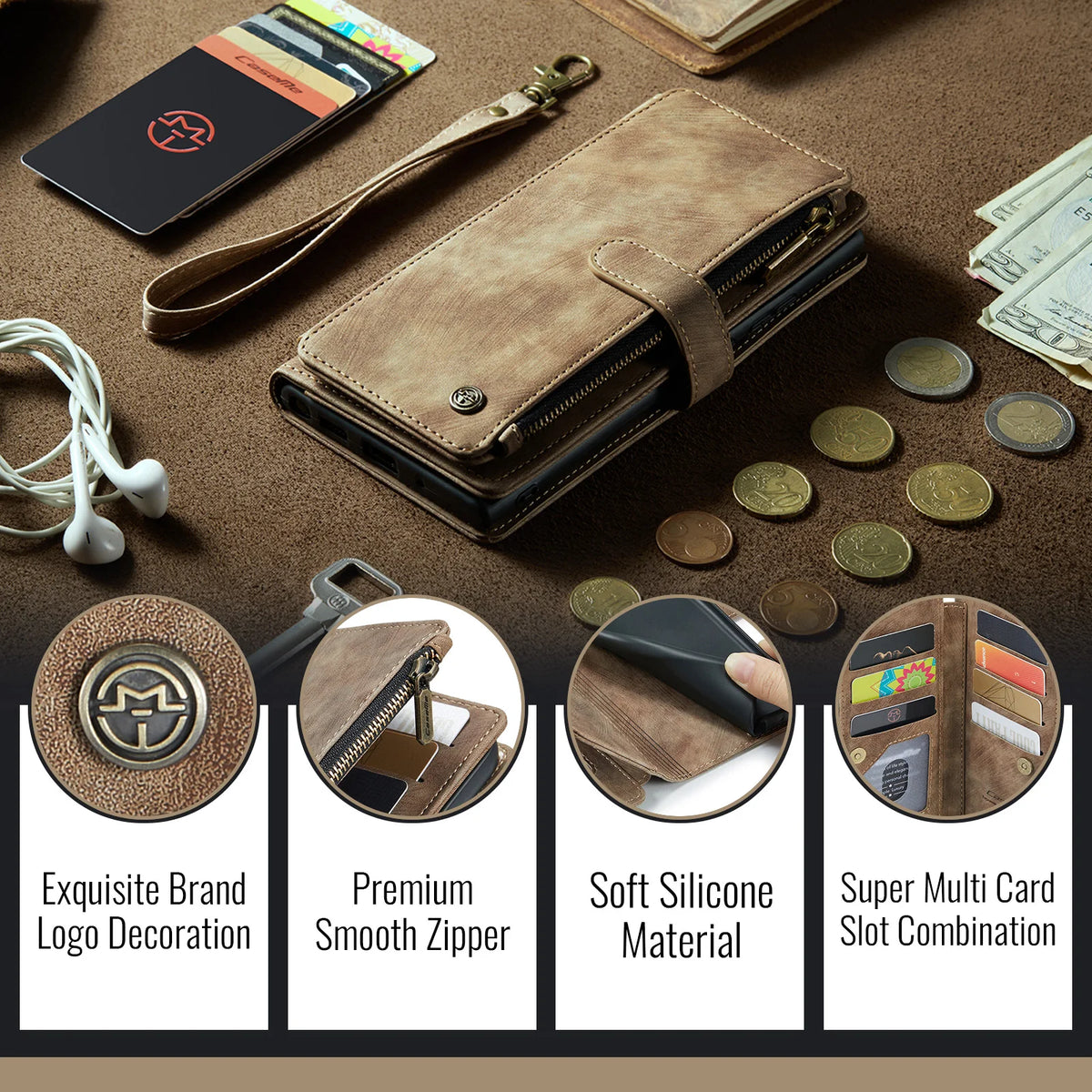 10-Card Leather Wallet Case with Detachable Lanyard for iPhone 18 Series