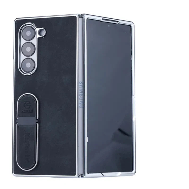 PC Shell Leather Textured Plating Case with Fingertip Holder for Samsung Galaxy Z Fold 6