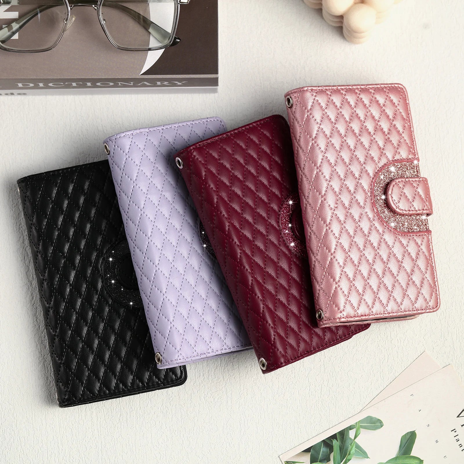 Crossbody Glitter Leather Wallet Case with Card Slots and Zipper Bag Purse for iPhone 15 Series