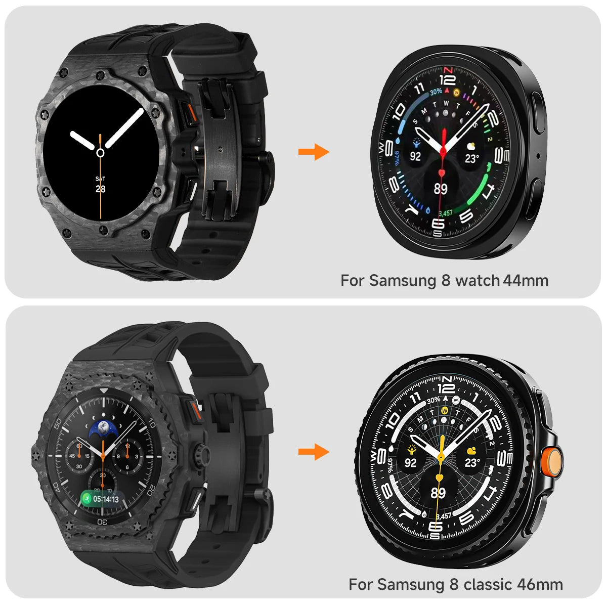 Carbon Case Mod Kit With Fluororubber Strap for Samsung Galaxy Watch & Galaxy Watch 8 Classic