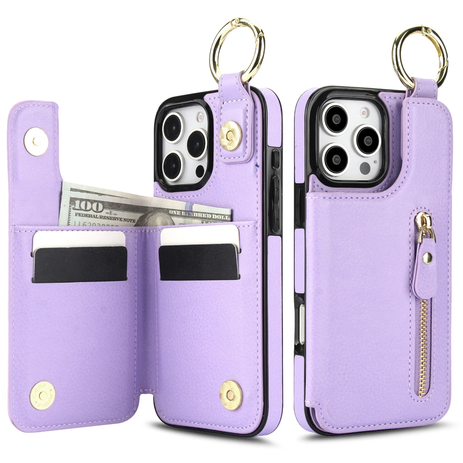 Protective Leather Case with Zipper Wallet & Ring Holder for iPhone 15 Series