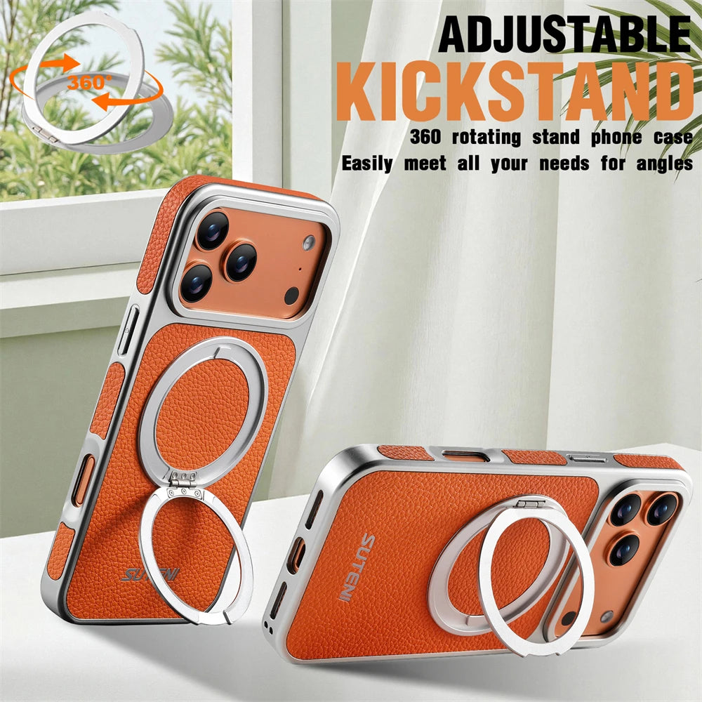 Litchi Texture MagSafe Case with Built-in Ring Stand for iPhone 17 Series