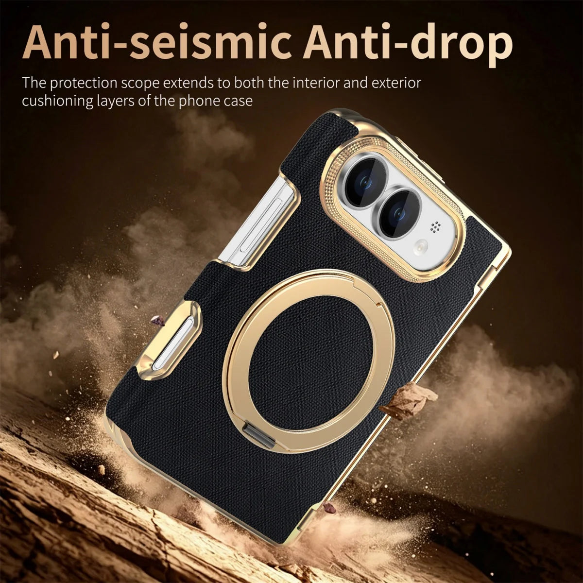 Fabric Leather Rotating Ring Holder Case with Electroplated Accents for iPhone Duo