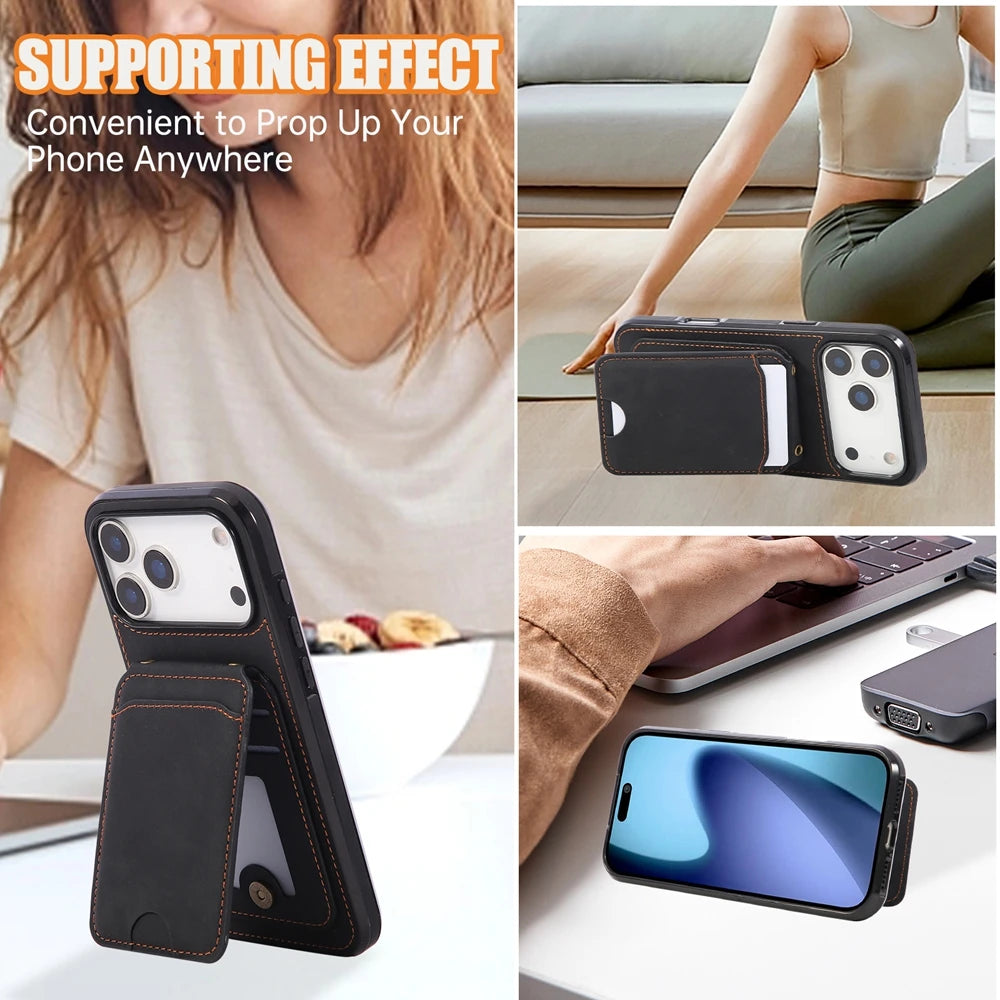 Premium Leather Phone Wallet Case with Lanyard and Stand for iPhone 17 Series