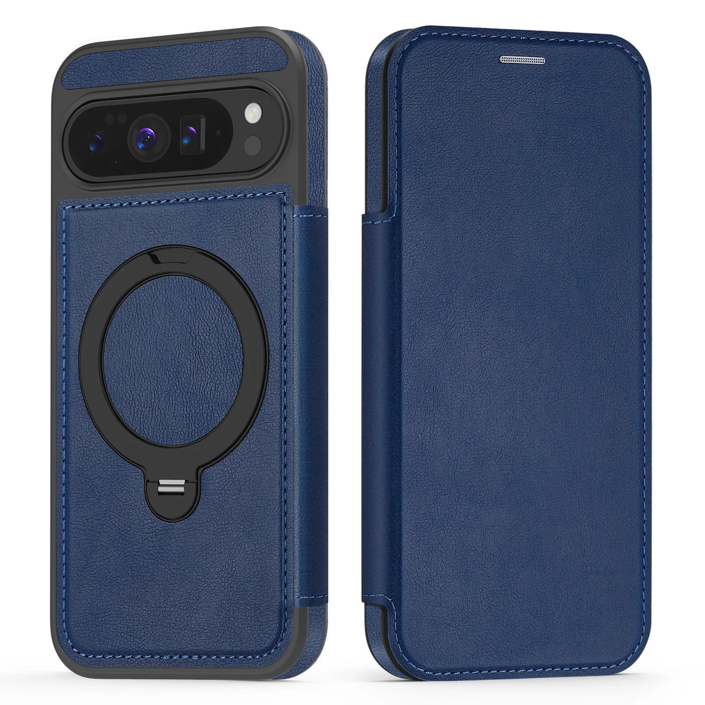 Google Pixel 10 Series Magnetic Leather Flip Case With Card Slot and Ring Holder