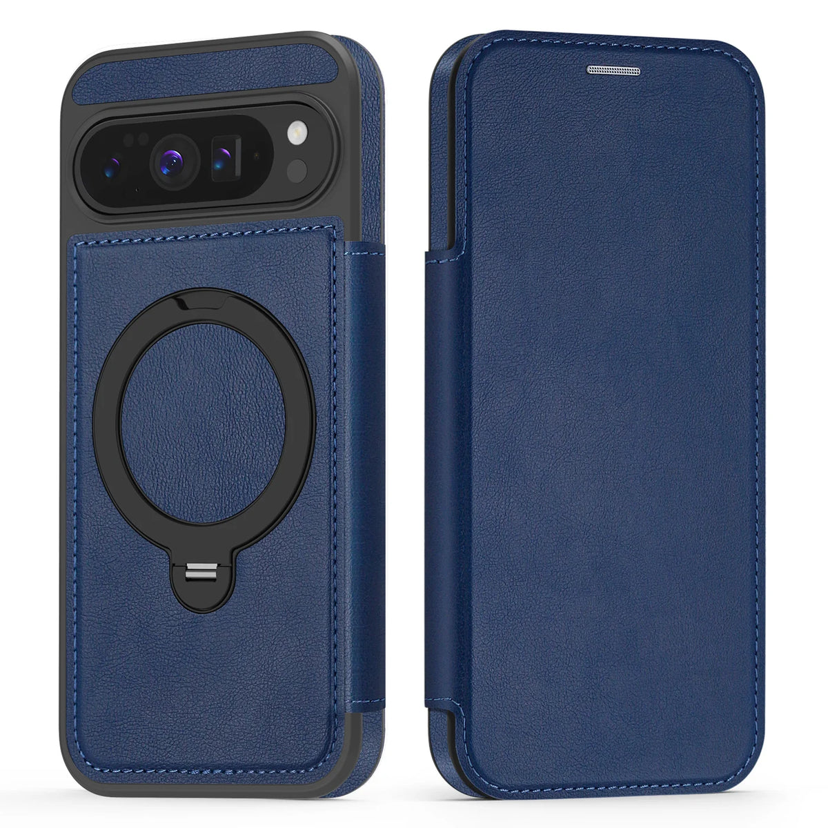 Google Pixel 10 Series Magnetic Leather Flip Case With Card Slot and Ring Holder