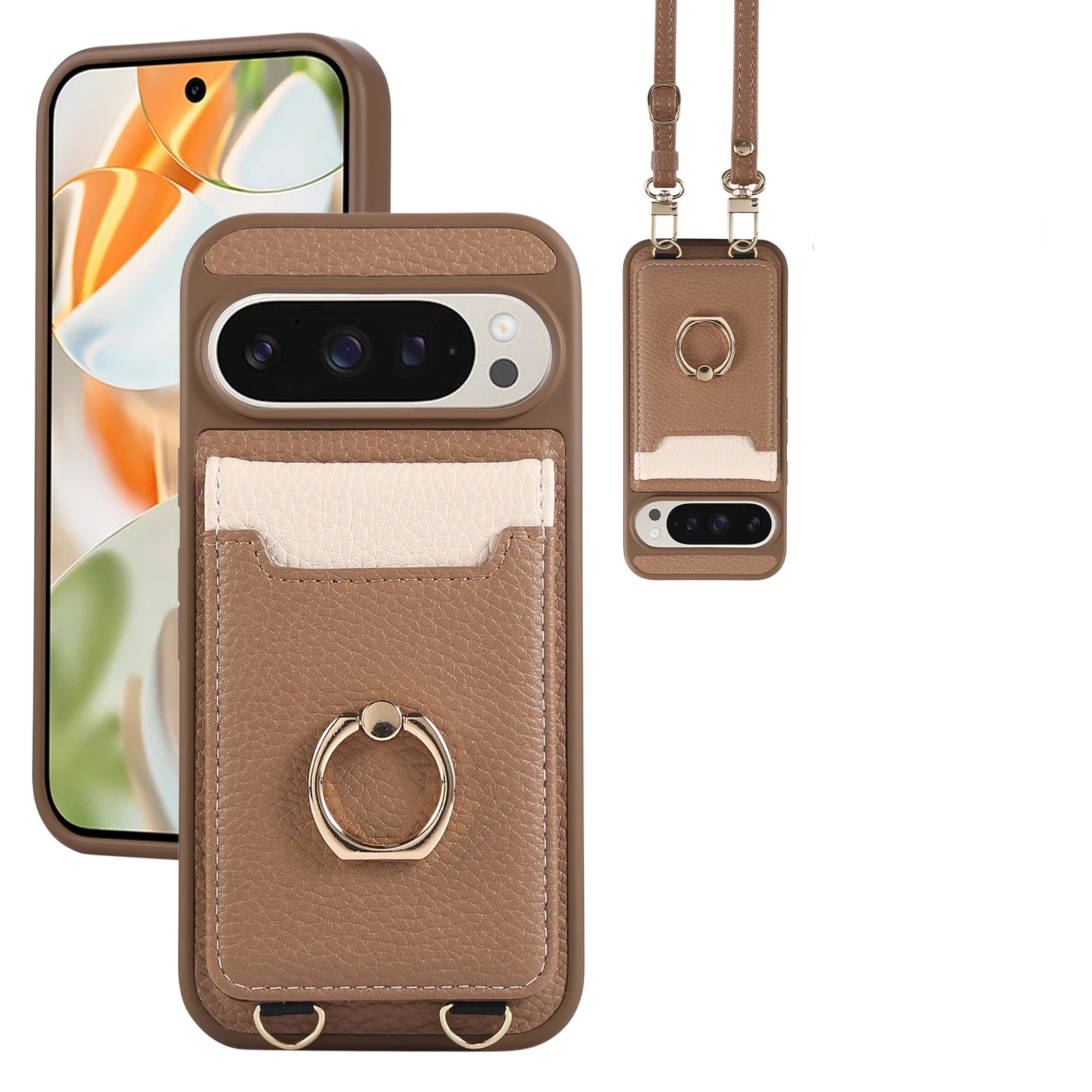 Lychee Grain Leather Dual-Strap Lanyard Case with Metal Ring Holder for Google Pixel 11 Series