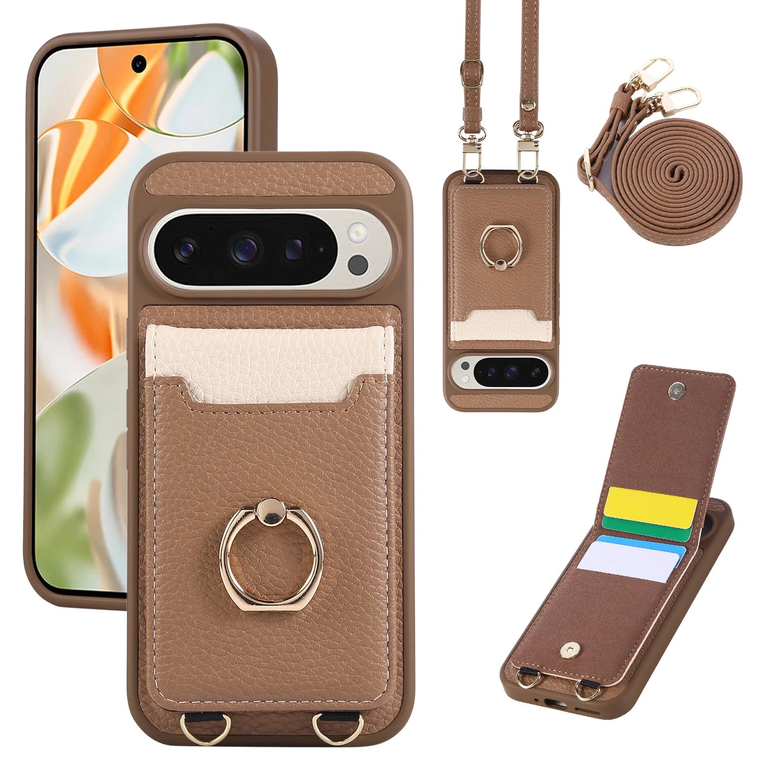 Lychee Grain Leather Dual-Strap Lanyard Case with Metal Ring Holder for Google Pixel 11 Series
