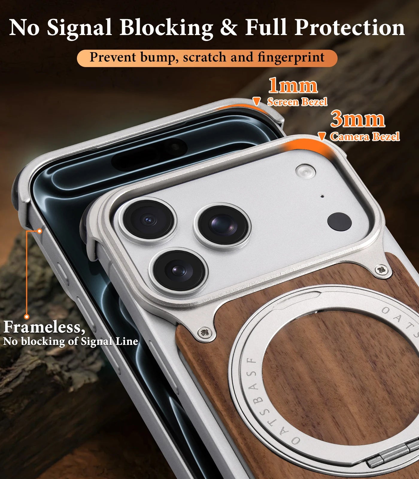 Shockproof Wooden MagSafe Case with 360° Kickstand Ring for iPhone 17 Pro & Pro Max