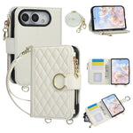 Leather Diamond-Quilted Crossbody Wallet Case with Detachable Long Lanyard Strap for iPhone Duo
