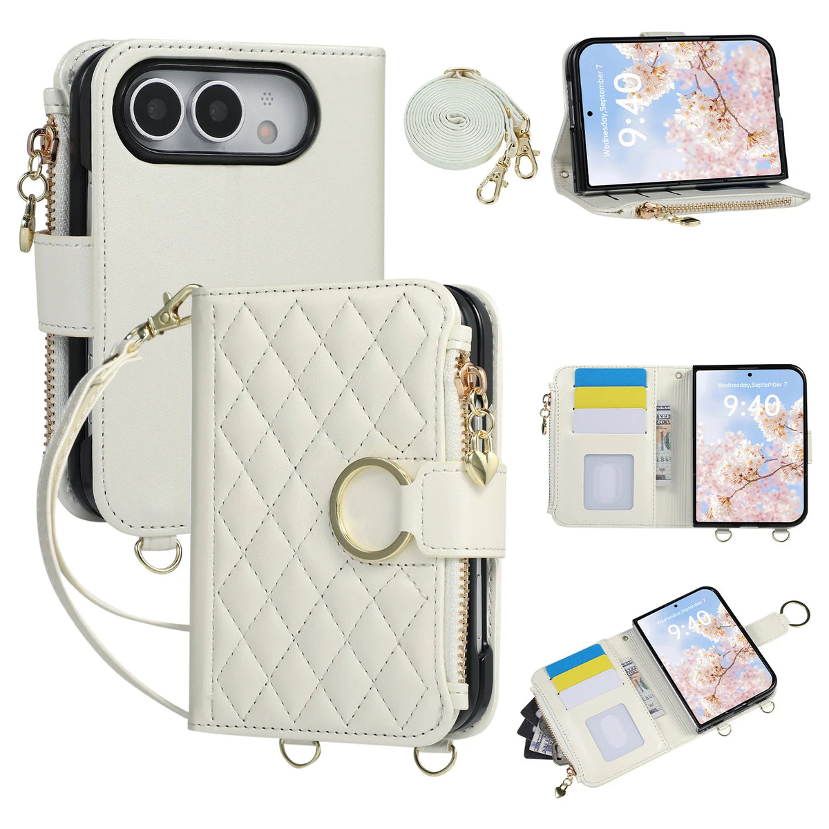 Leather Diamond-Quilted Crossbody Wallet Case with Detachable Long Lanyard Strap for iPhone Duo