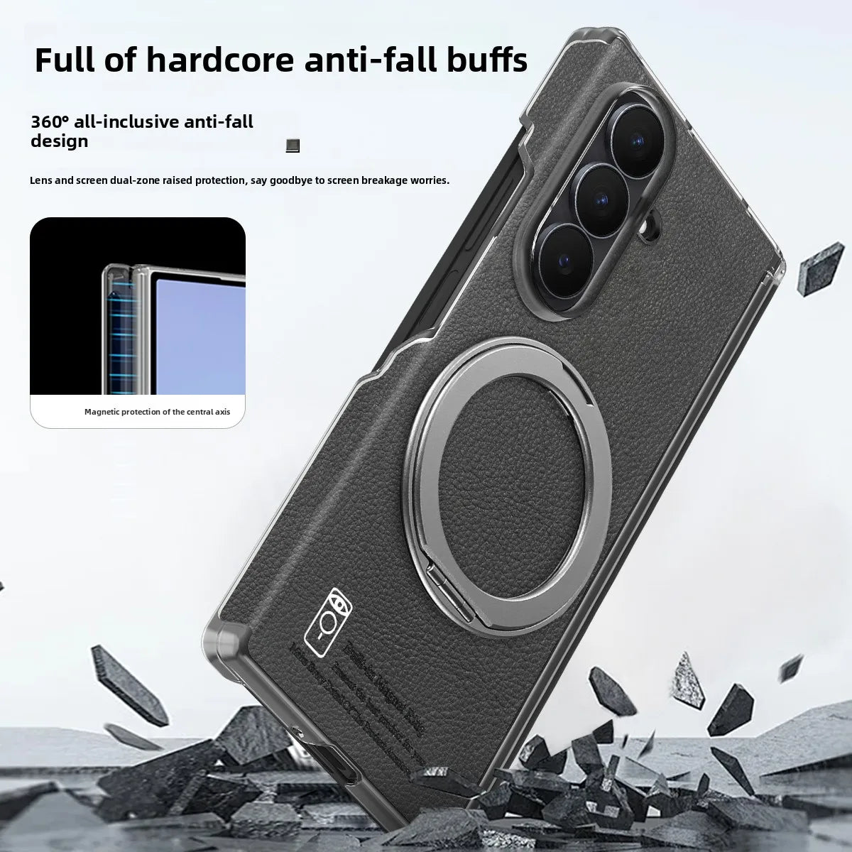 Textured Leather Shockproof Kickstand Case with 360° Rotating Ring for Samsung Galaxy Z Fold 7