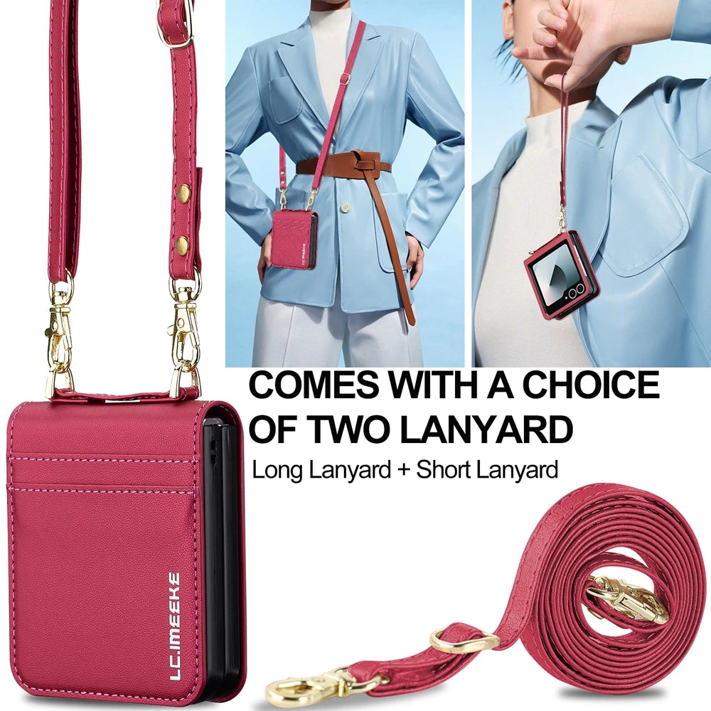 Crossbody Leather Phone Case with Card Slots & Lanyard for Samsung Galaxy Z Flip 6