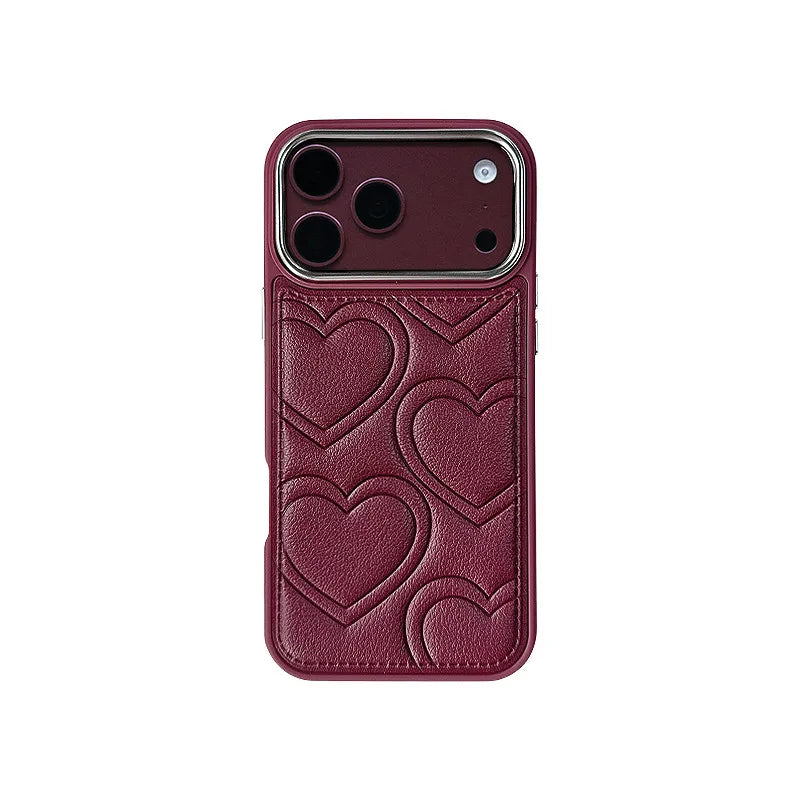 Embossed Heart Leather Case with Raised Camera Frame for iPhone 18 Series