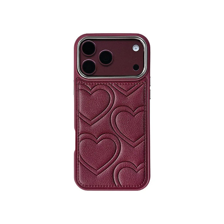 Embossed Heart Leather Case with Raised Camera Frame for iPhone 18 Series