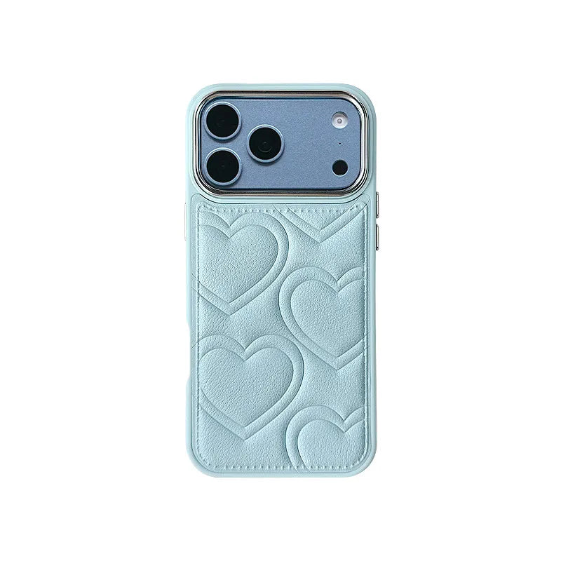 Embossed Heart Leather Case with Raised Camera Frame for iPhone 18 Series