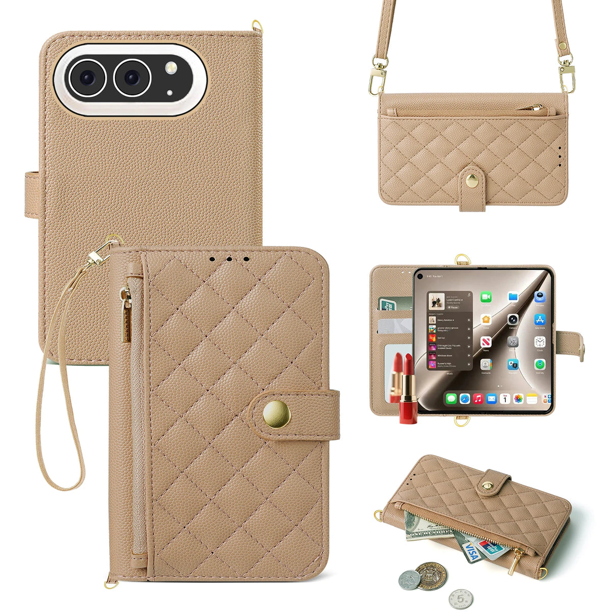 Quilted Leather Crossbody Wallet Case with Detachable Strap for iPhone Duo