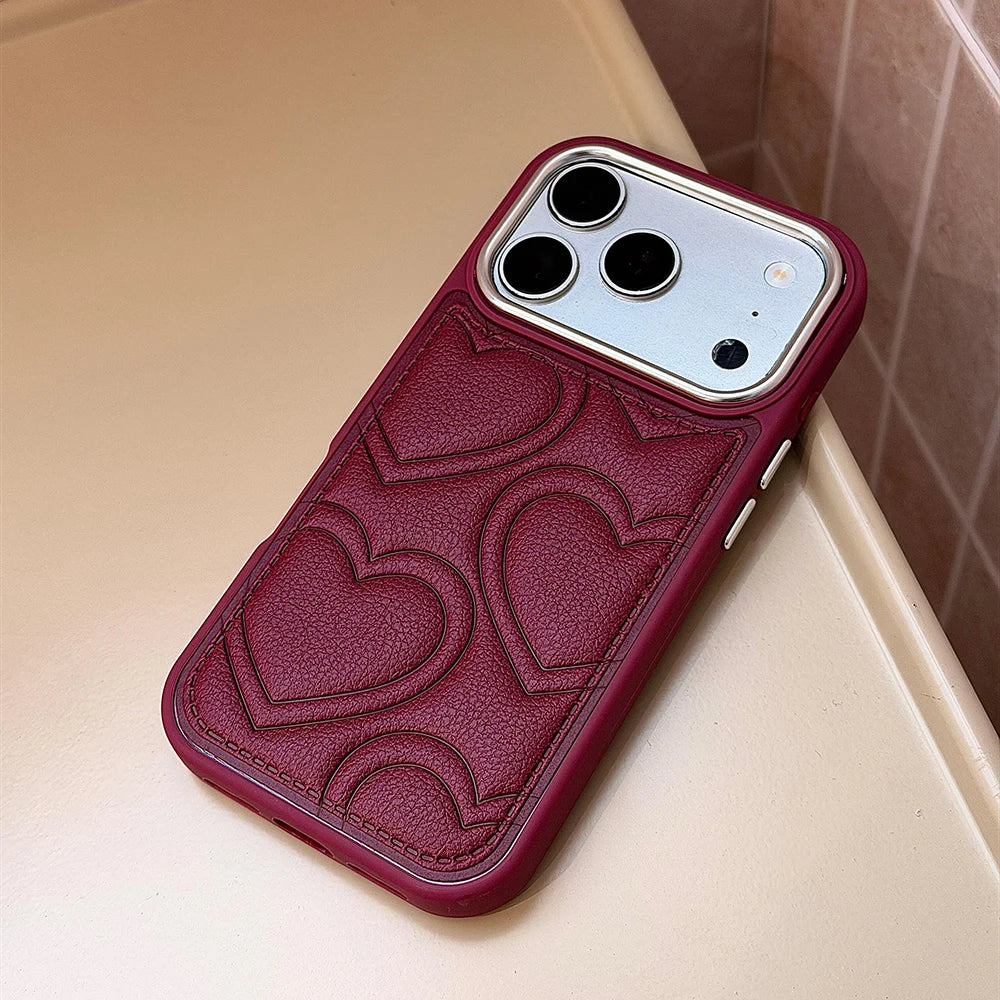 Embossed Heart Leather Case with Raised Camera Frame for iPhone 18 Series