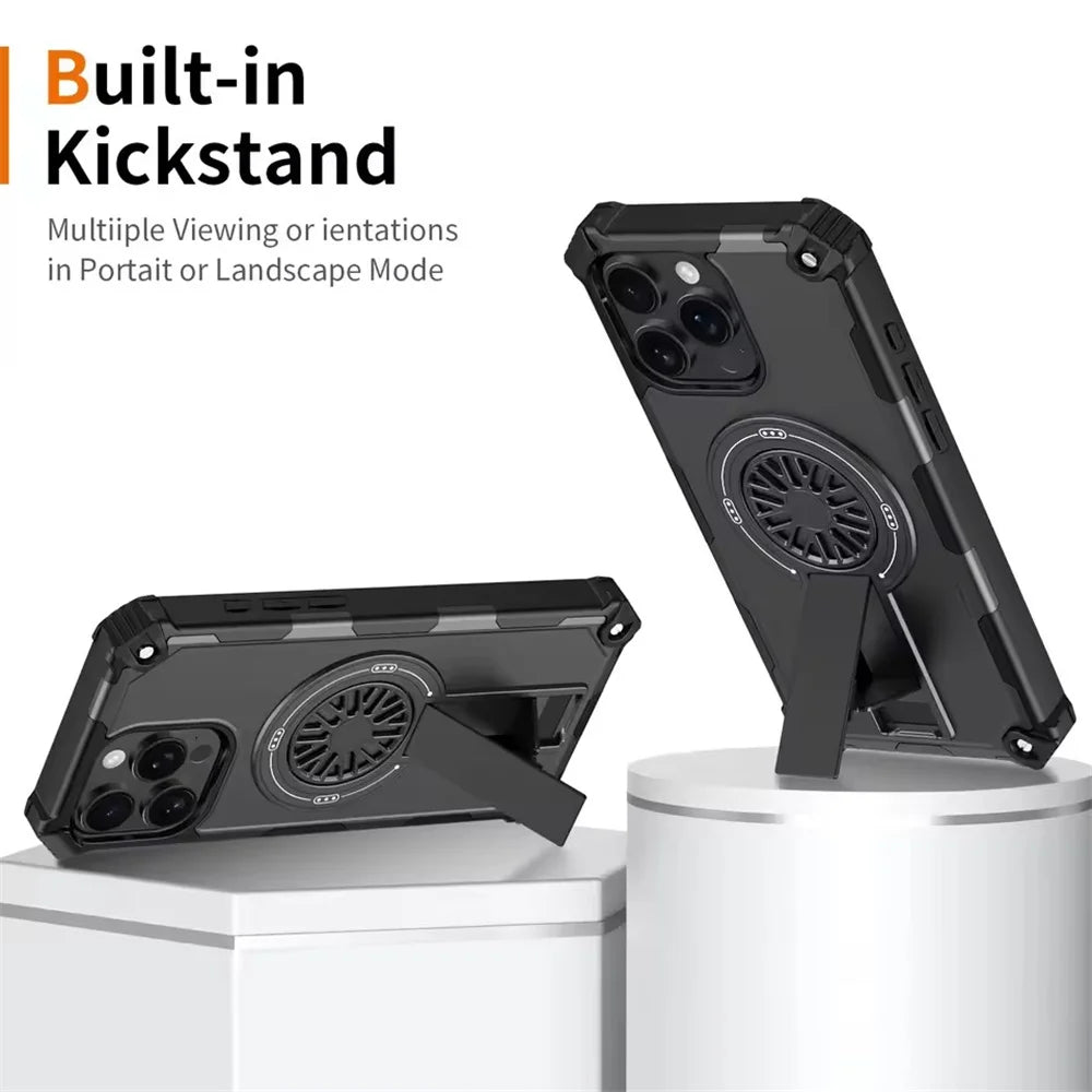Shockproof Armor MagSafe Case with Invisible Fold Stand for iPhone 15 Series
