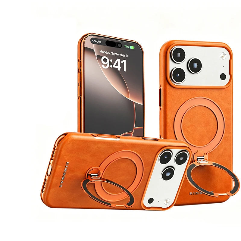 Shockproof Leather MagSafe Case with 360° Rotating Kickstand Ring for iPhone 18 Series