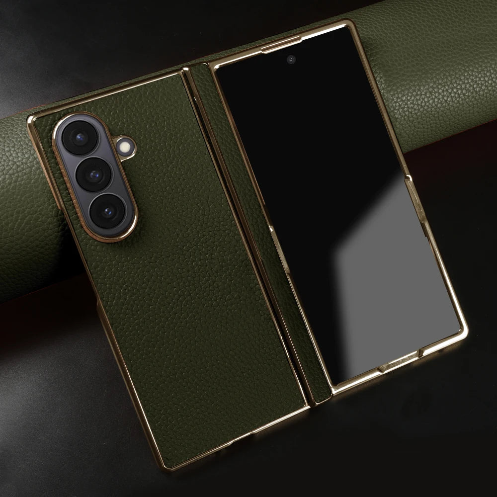 Genuine Leather Case with Raised Camera Protection Ring for Samsung Galaxy Z Fold 7