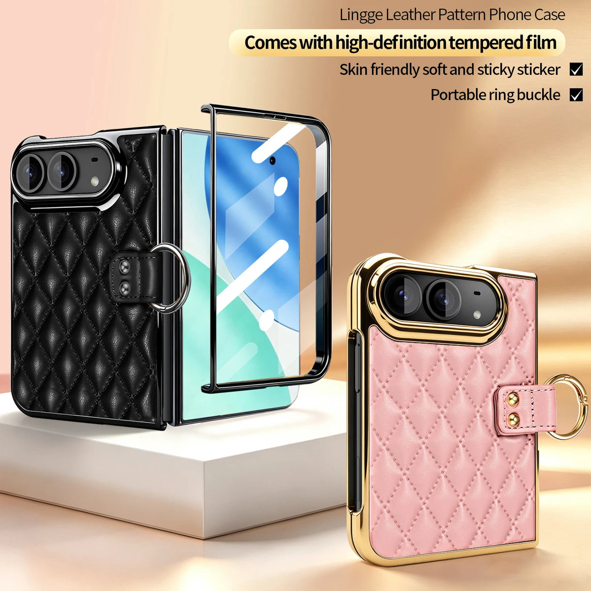 Quilted Leather Case with Ring Holder and Tempered Glass Film for iPhone Duo