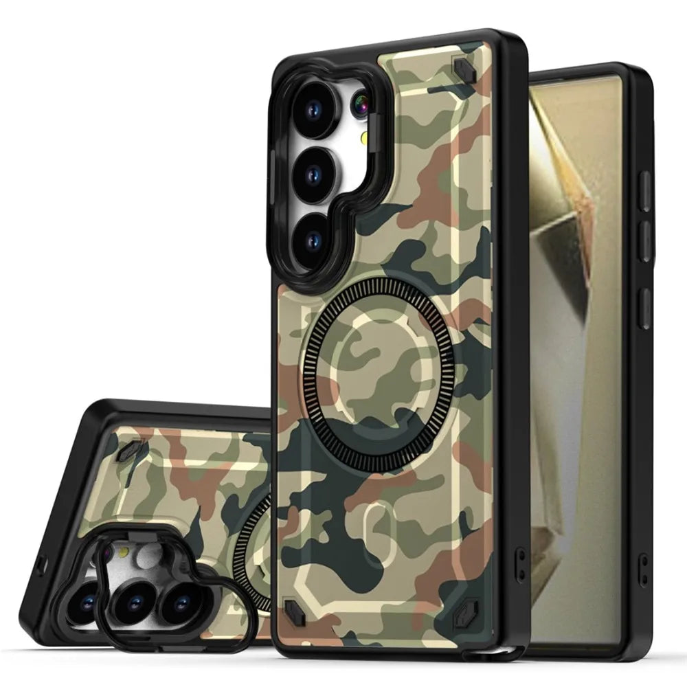 Protective Military Camouflage Magnetic Case with Lens Stand for Samsung Galaxy S24 Series