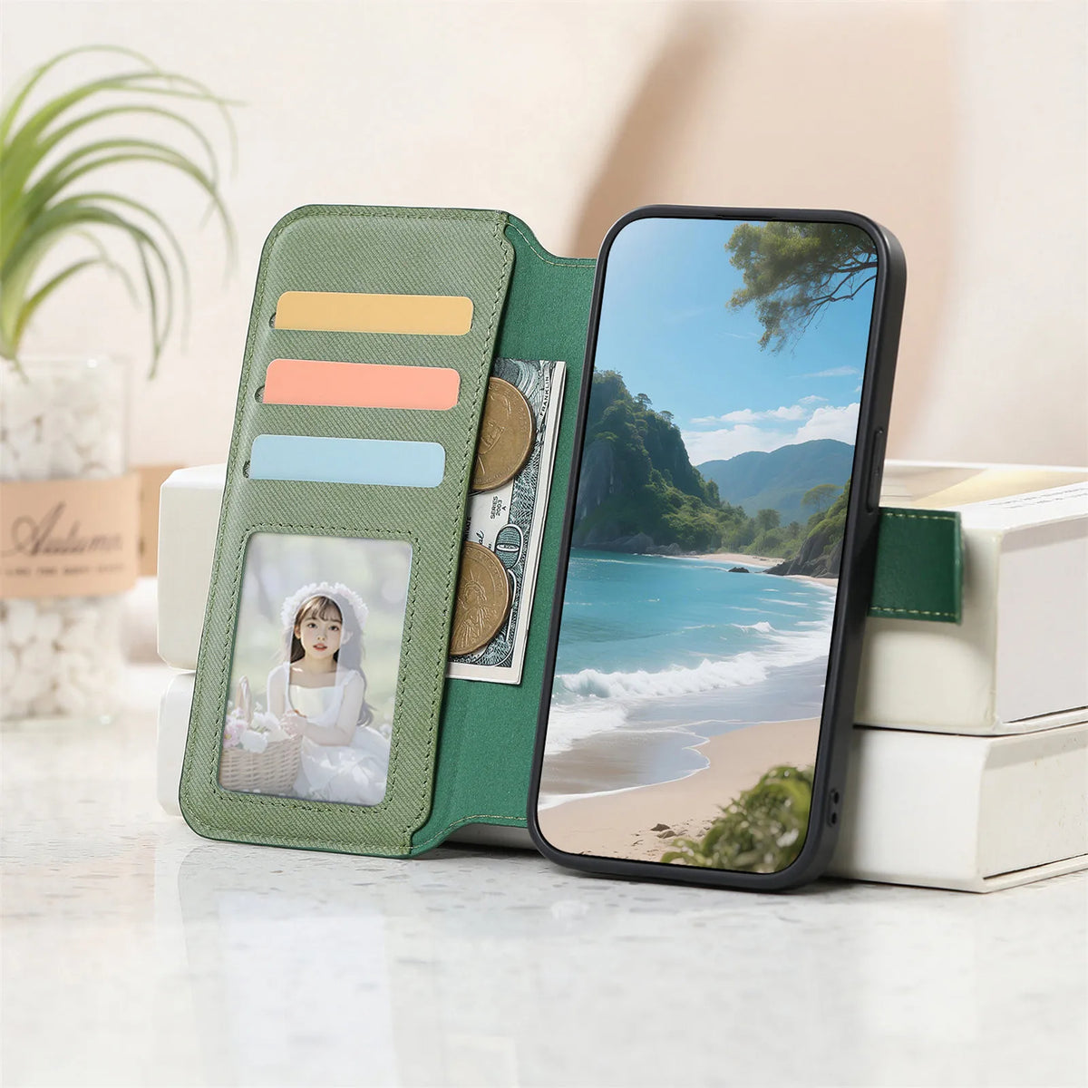 Leather Trim Multi-Card Flip Wallet Case with Kickstand for Samsung Galaxy S24 Series