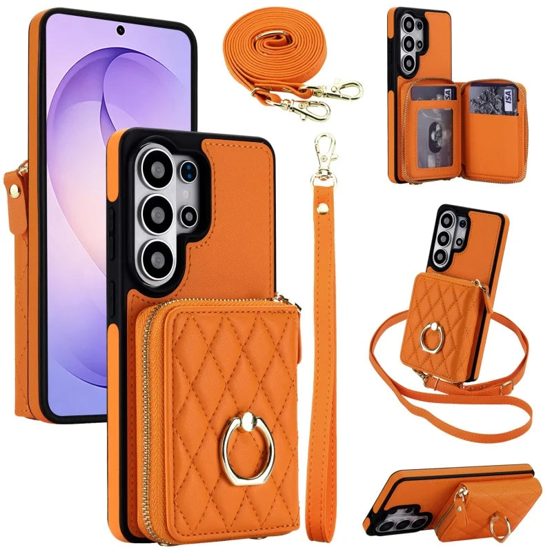 Crossbody Leather Wallet Case with Wrist Lanyard for Samsung Galaxy S26 Series