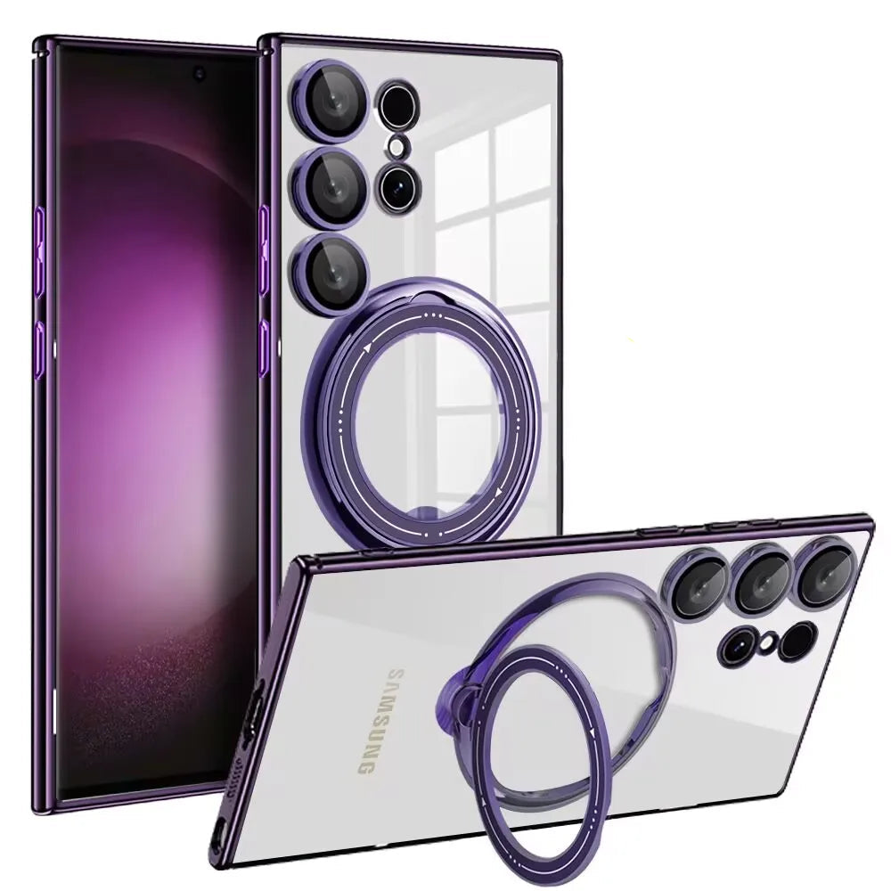 Samsung Galaxy S24 Series Shockproof Clear Magnetic Case with 360° Rotating Ring Stand