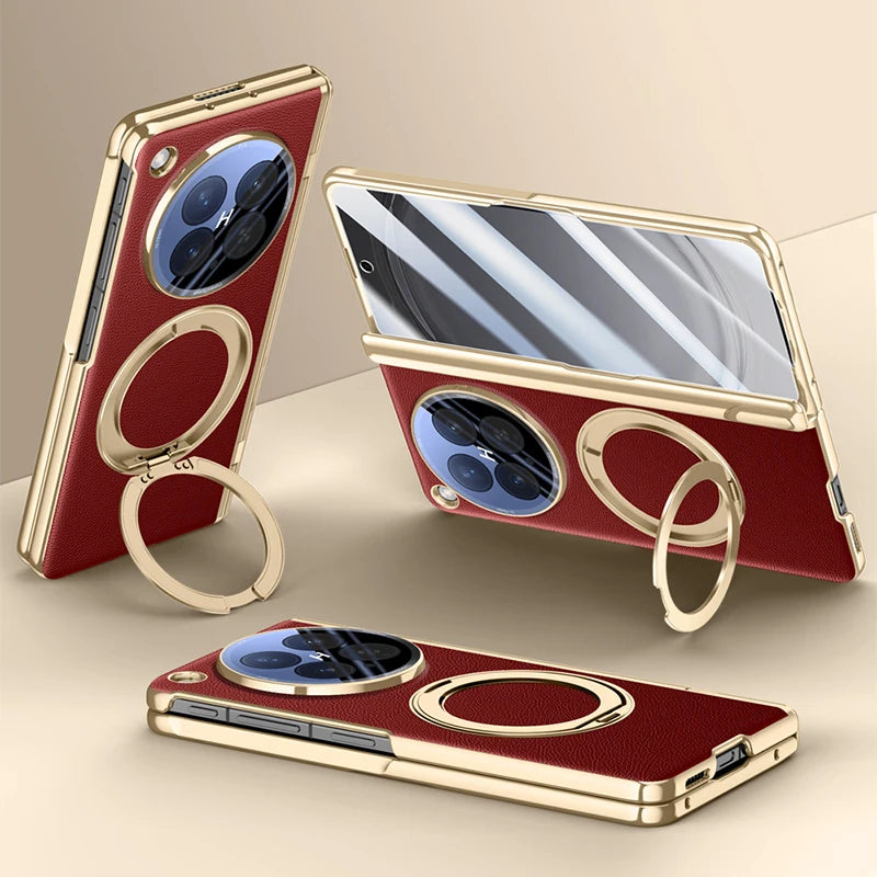 OPPO Find N6 Premium Leather PC Case with Rotating Ring Holder Stand and Privacy Glass