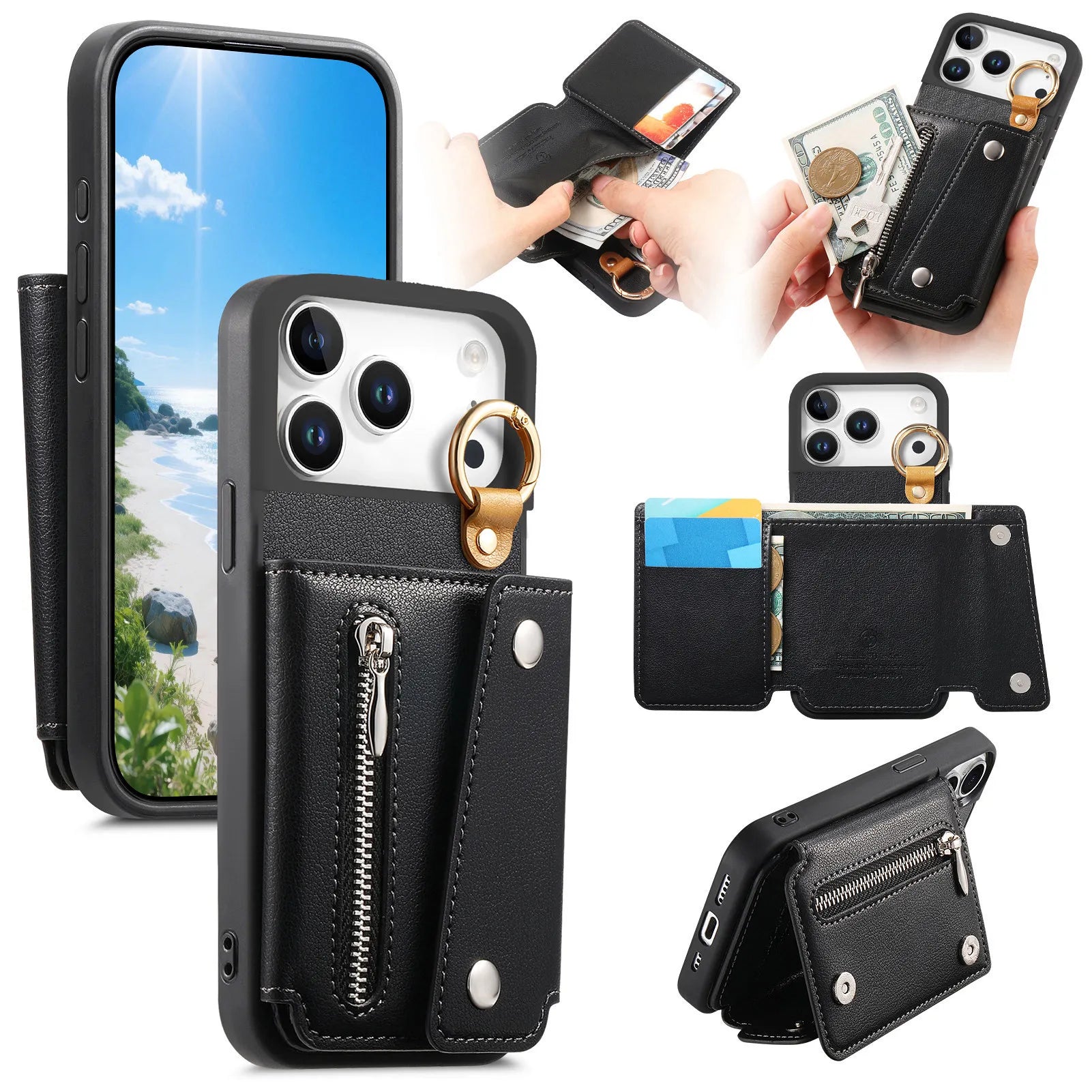 Zipper Wallet Leather Flip Case with Ring Holder for iPhone 17 Series