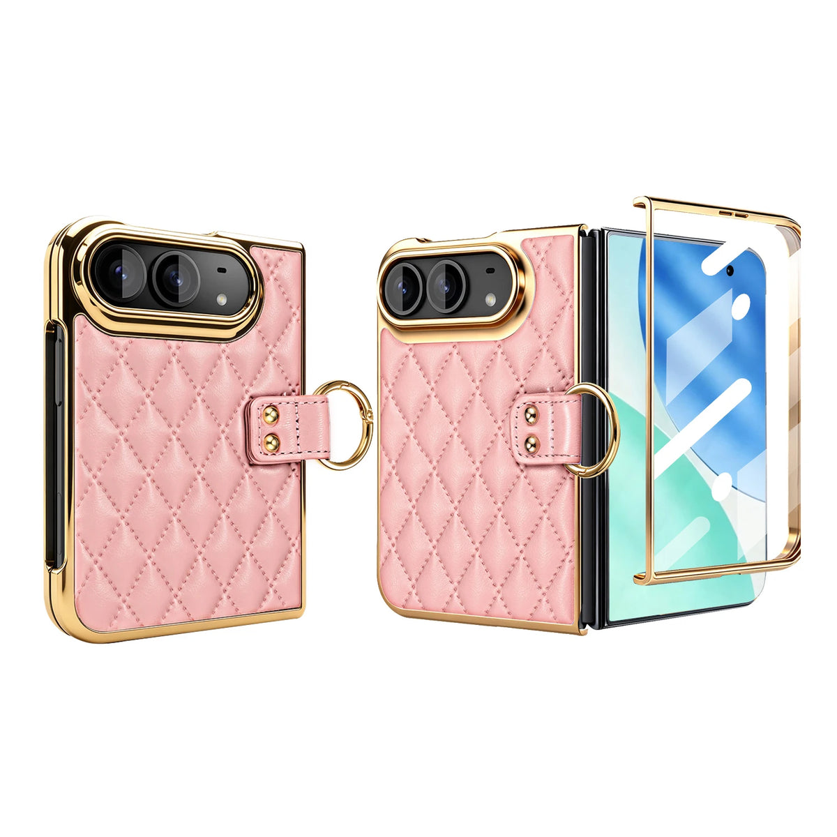 Quilted Leather Case with Ring Holder and Tempered Glass Film for iPhone Duo