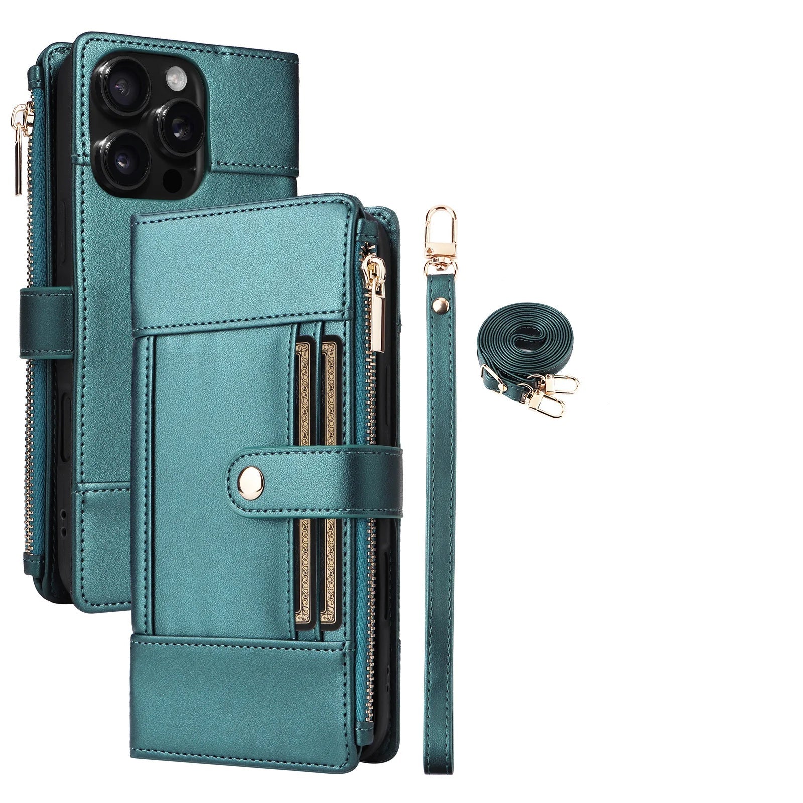Crossbody Lanyard Wallet Case with Zipper & Card Holder for iPhone 16 Series