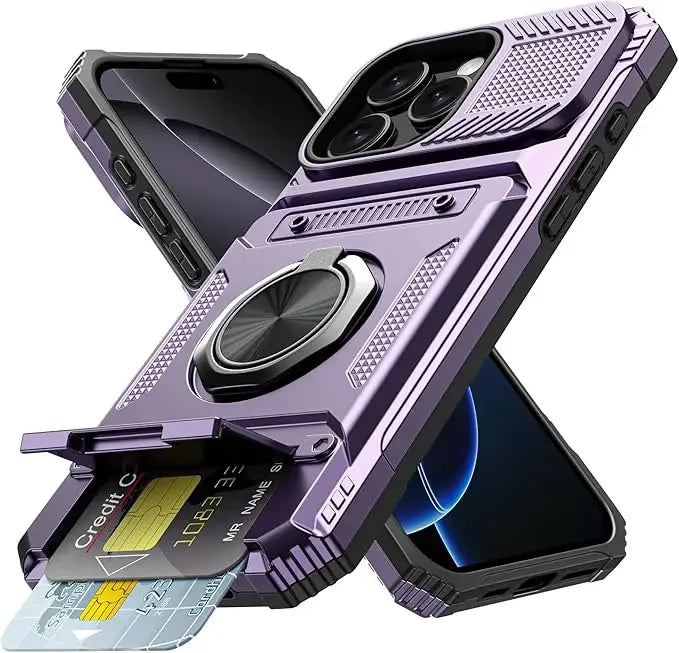 iPhone 16 Series Shockproof Magnetic Heavy Duty Case with Ring & Card Slot