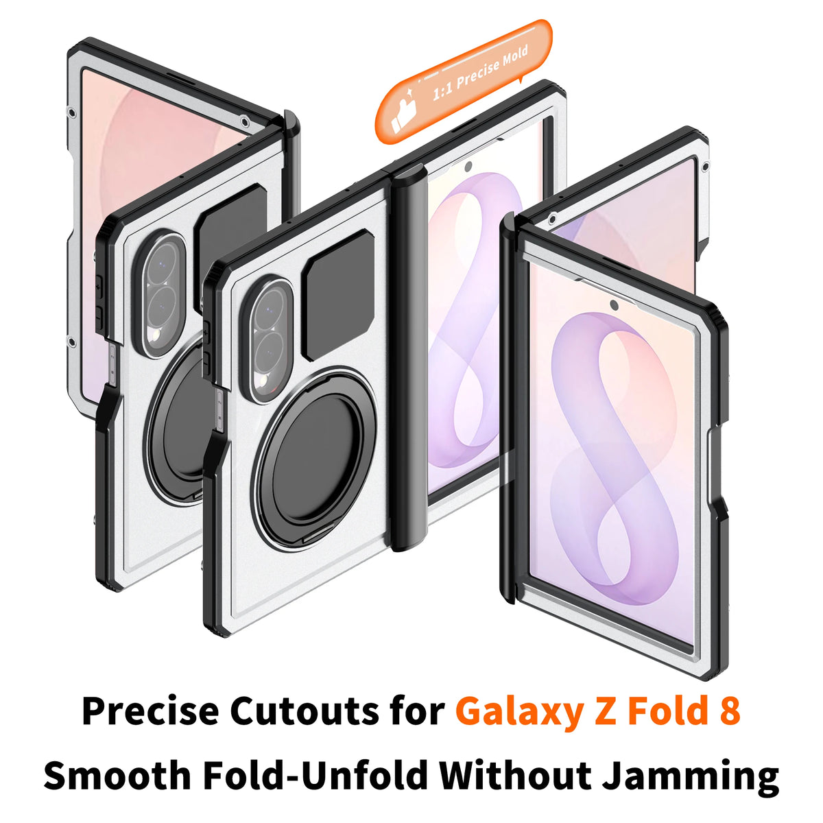 Shockproof Aluminum Bumper Case with 360° Rotating Ring Kickstand for Samsung Galaxy Z Fold 8